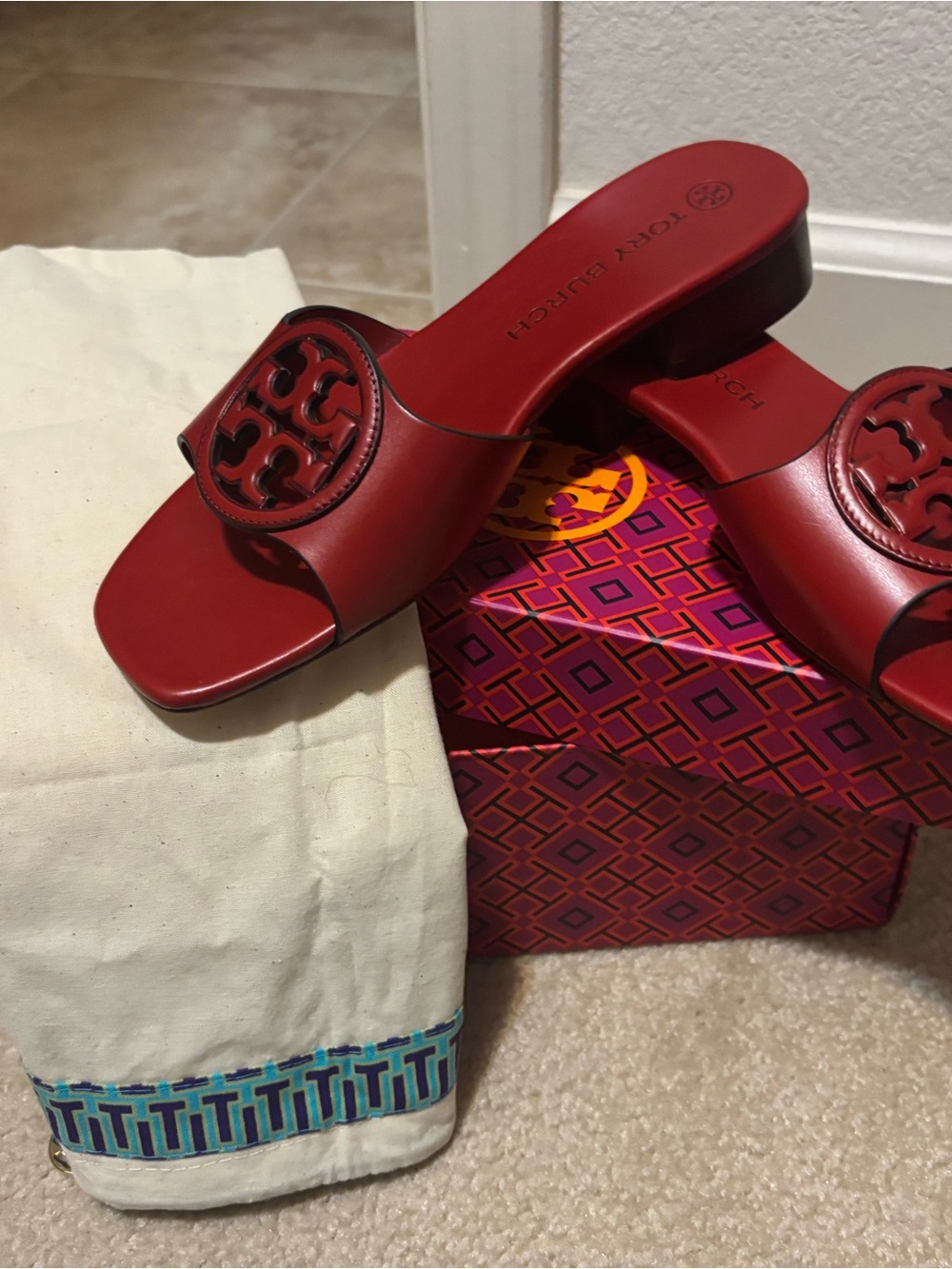 Tory Burch Red Leather Logo Slide Mules